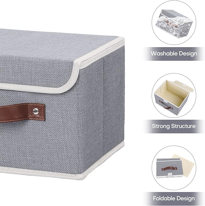 ANMINY 4PCS Storage Bins with Lid PU Leather Handles Storage Boxes PP Plastic Board Decorative Foldable Lidded Cotton Linen Fabric Home Cubes Baskets Closet Organizer Containers - Gray, Small Size