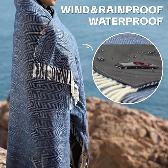 Waterproof Picnic Blankets- Extra Large Outdoor Blanket Foldable, Beach Blanket with PU Handles, Sandproof Picnic Mat for Hiking, Camping, Lawn, Park, Grass. Blue