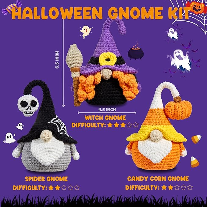 MAGIMUSE Crochet Kit for Beginners Crochet Starter Kits for Halloween Amigurumi Knitting Crochet Animals Kits Hooks Yarn Set with Step-by-Step Video Tutorials, 3 Halloween Gnomes (40%+ Yarn)