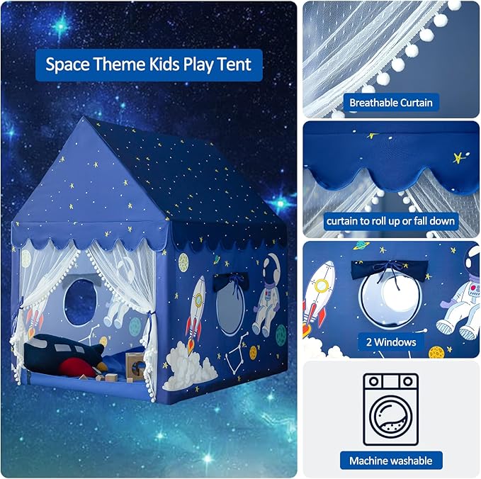 Kids Play Tent Playhouse Indoor Tent for Kids Boys Toddler, Large Castle Play House Bed Tents Spaceship Outer Space Rocket Blue