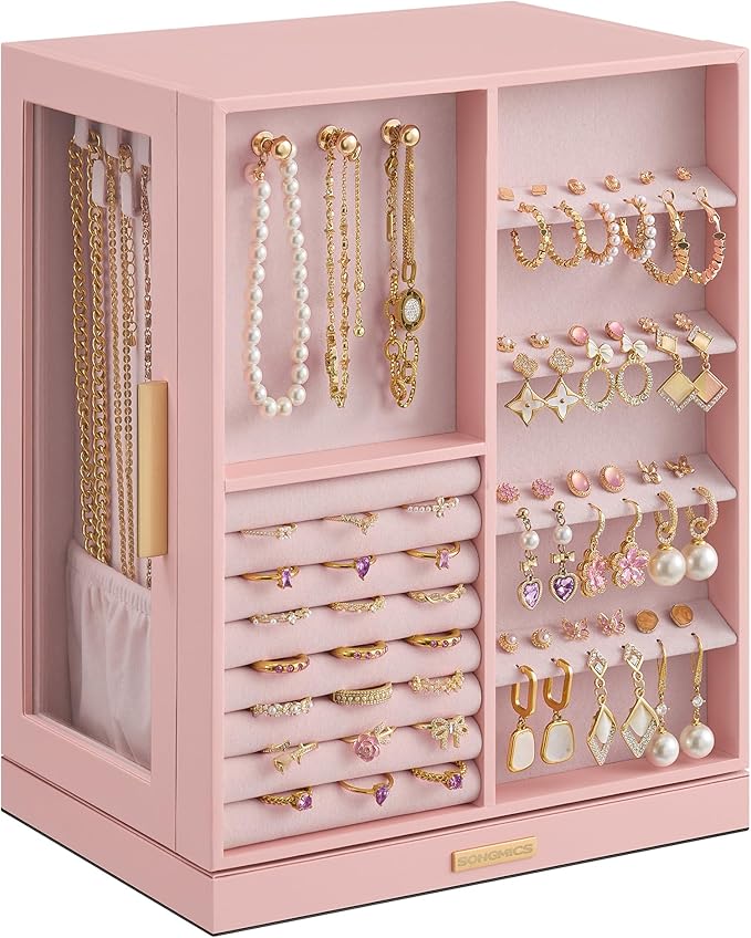 SONGMICS Jewelry Box 360° Rotating, Jewelry Storage Case with 5 Drawers, Jewelry Organizer, Glass Window, Spacious, Vertical Jewelry Storage, Open Design, Great Gift, Jelly Pink UJBC170R01