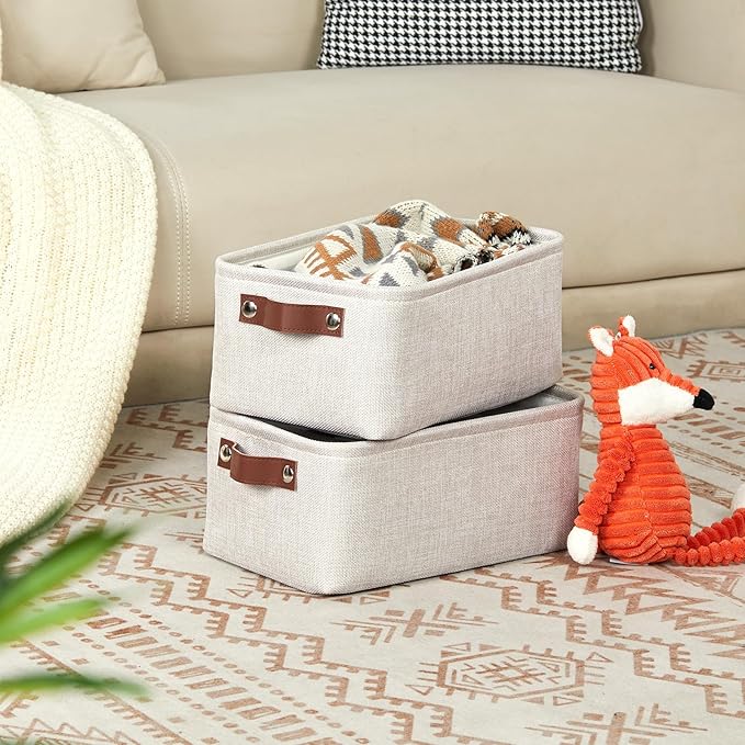 DULLEMELO fabric storage baskets | 11.8x7.9x5.1 inch small baskets for organizing Closet Set of 2 cloth storage baskets | rectangle storage basket with PU Handles (Beige)