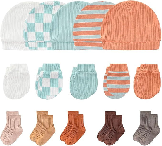Newborn Baby Boy Girl Caps Mittens Socks Set Cotton Baby Essentials Accessories (Hats+Gloves+Socks)