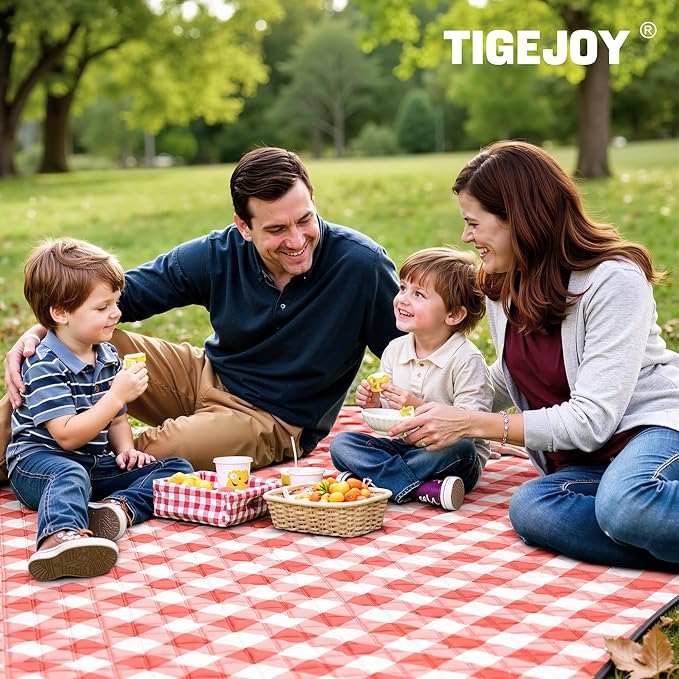 TigeJoy Extra Large Picnic Blanket Waterproof Foldable 80''x80'', Outdoor Picnic Mat Beach Blanket Sandproof for Park, Grass, Travel, Hiking, Camping Essentials, Gingham Picnic Blanket