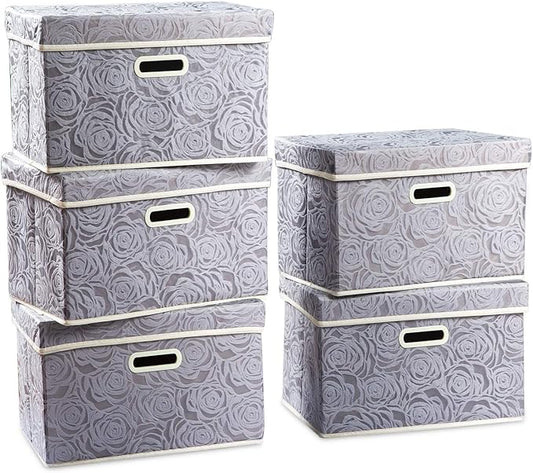 PRANDOM Foldable Storage Bins with Lids [5-Pack] Fabric Decorative Storage Box Cubes Organizer Containers Baskets with Cover Handles Divider for Bedroom Closet Living Room Grey 14.9x9.8x9.8 Inch