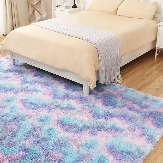 Rainbow Rug for Girls Room, 9x12 Fluffy Area Rugs for Bedroom, Colorful Kids Rug Cute Anti-Skid Indoor Carpet for Nursery, Living Room, Playroom, Home Decor