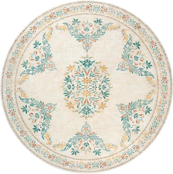 jinchan Round Rug 7ft Area Rugs,Vintage Floral Distressed Design Machine Washable Soft Non-Slip Low-Pile Ultra-Thin Circle Rug for Living Room Dining Room Bedroom Home Office (7' Round,Apricot Multi)