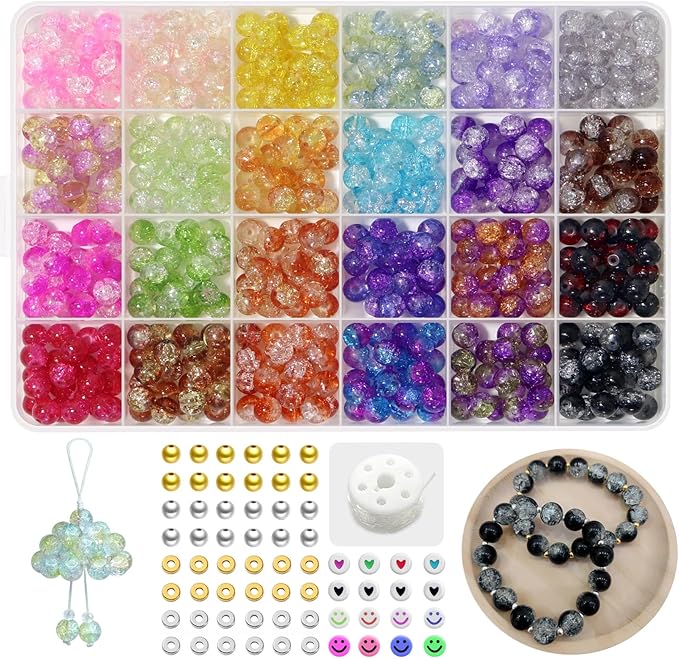 JULIMAIDONG 8mm Glass for Bracelets, 24 Colors Round Crystal Glass Bracelet Making Kit for Jewelry Making Kits Bead DIY Crafts with Spacer Charms Accessories (8MM, 24 Crackle Color)