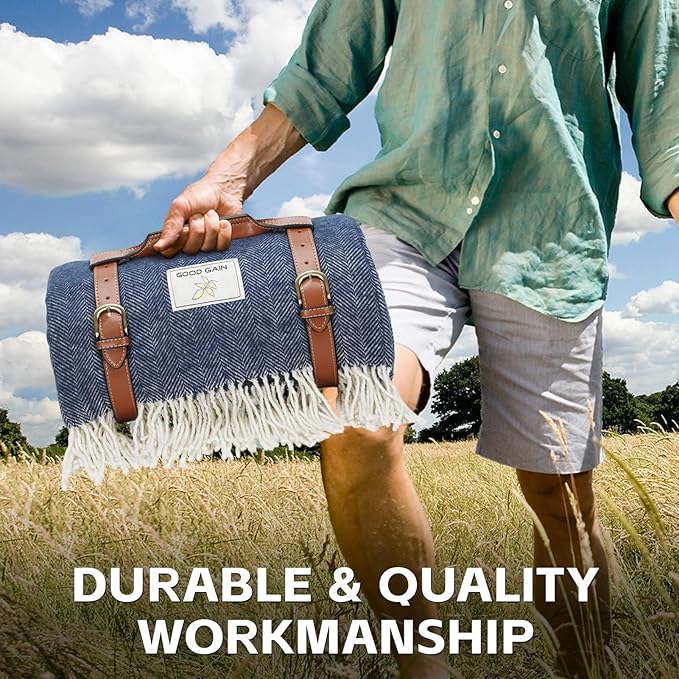 Waterproof Picnic Blankets- Extra Large Outdoor Blanket Foldable, Beach Blanket with PU Handles, Sandproof Picnic Mat for Hiking, Camping, Lawn, Park, Grass. Blue