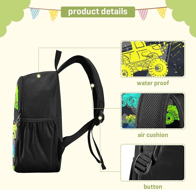 Colorful Monster Truck Toddler Backpack Waterproof Mini Backpack Boys/Girls Cute Small Kindergarten Pre School Bag
