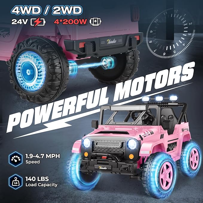 Hikole 24V Ride on Toys for Kids - 4WD/2WD Switchable 2 Seater Kids Electric Car with 4x200W Motors, Remote Control, 3 Speeds, LED Lights, MP3 Player, Safety Belt, Gift for Girls, Pink