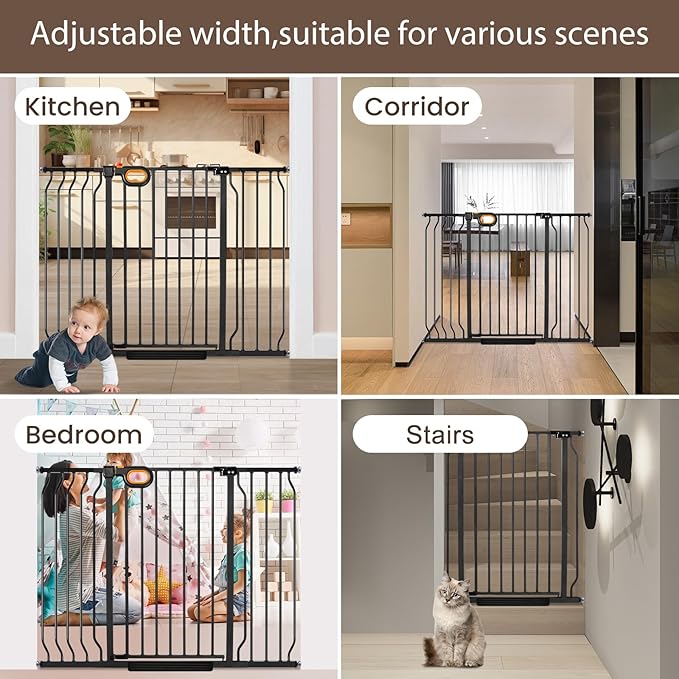owlie 37.4" Extra Tall Wide Baby Gate for Stairs Doorways,75-85 Inch Extra Large Long Baby Gate with Door Indoor Safety Metal Pressure Mounted Pet Gate with Walk-Thru Auto Close, Black