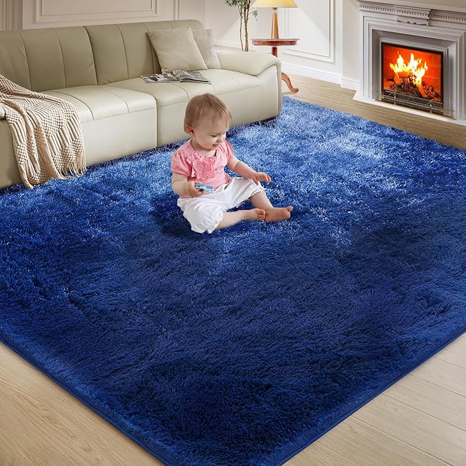 Ultra Soft Rug for Living Room, 9X12 Fluffy Shag Area Rug for Bedroom, Modern Shaggy Carpets Fuzzy Rug for Teens Dorm Nursery Home Decor Aesthetic, Upgrade Anti-Skid Durable, Blue