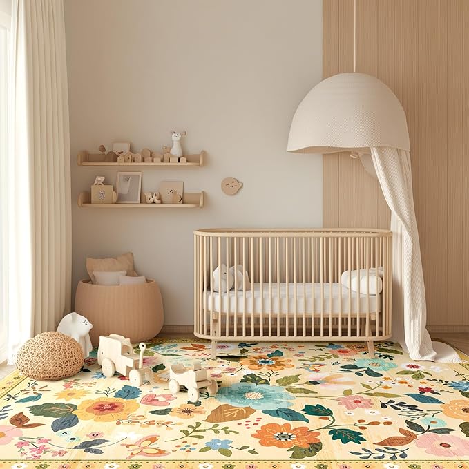 Floral 3x5 Area Rug Machine Washable Soft Print Boho Carpet Non Slip Doormat Low Pile Flower Area Rugs for Living Room Bedroom Nursery Kitchen Dining Room Indoor-Ivory/Yellow