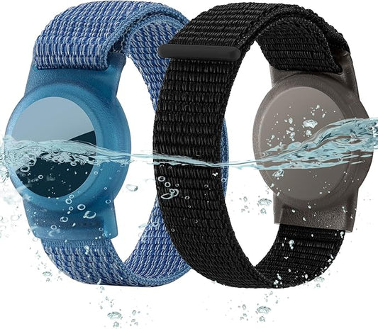 Waterproof Air Tag Bracelet for Kids (2 Pack), Soft Nylon Hidden Air Tag Wristband Full Cover Lightweight GPS Tracker Holder Compatible with Apple AirTag Band for Toddler Child (Black & Blue)