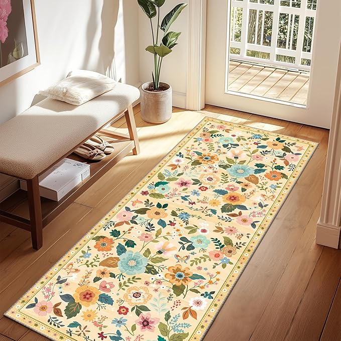 Floral 2x8 Area Rug Machine Washable Soft Print Boho Carpet Non Slip Doormat Low Pile Flower Area Rugs for Living Room Bedroom Nursery Kitchen Dining Room Indoor-Ivory/Yellow