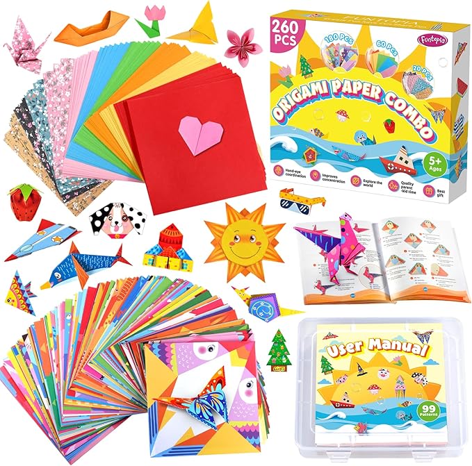 Origami Kit for Kids Ages 5-8 8-12, 260 Sheets Origami Paper with 99 Patterns and Guiding Book, Funtopia DIY Craft Art Projects Supplies for Boys Girls, Travel School Vacation Activities Toy