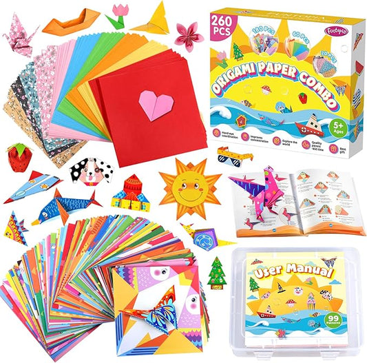 Origami Kit for Kids Ages 5-8 8-12, 260 Sheets Origami Paper with 99 Patterns and Guiding Book, Funtopia DIY Craft Art Projects Supplies for Boys Girls, Travel School Vacation Activities Toy