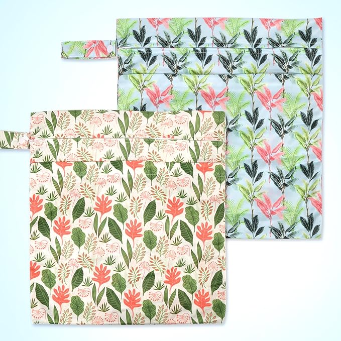 2pcs Cloth Diaper Wet Dry Bags, Waterproof Reusable Wet Bag with 2 Zipper Pockets & Handle, Washable Laundry Bags for Baby Adult Clothes Travel Beach Pool Daycare Yoga Gym Exercise Swimsuits,