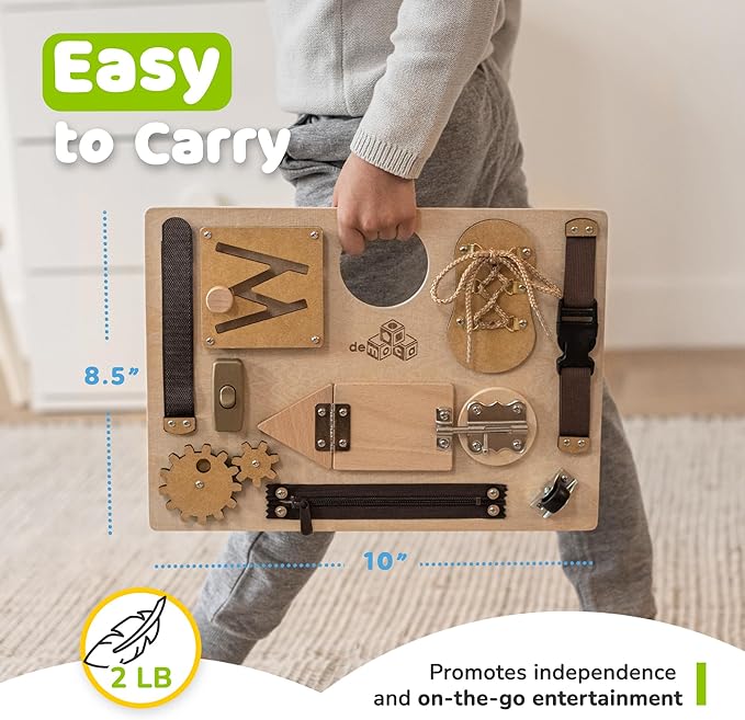 Montessori Busy Board for Toddlers, Premium Wooden Toddler Busy Board for 1 2 3 Year Old with 10 Educational Activities for Fine Motor Skills, Sensory Activity Toy for Travel, Gift for Boys & Girls