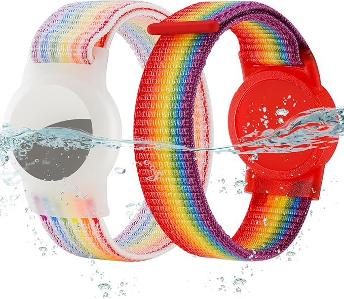 Waterproof Air Tag Bracelet for Kids (2 Pack), Soft Nylon Hidden Air Tag Wristband Full Cover Lightweight GPS Tracker Holder Compatible with Apple AirTag Band for Toddler Child (Rainbows)