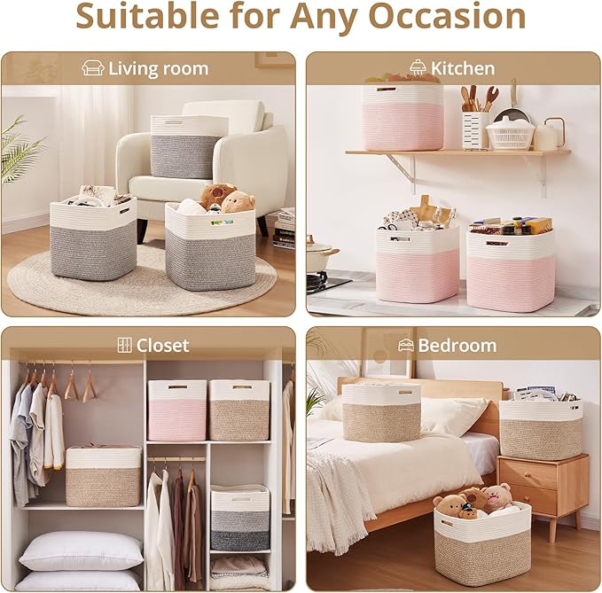 OIAHOMY 13 Kallax Inch Cube Storage Bins, 3-Pack Cotton Rope Woven Baskets for Organizing, Kallax Insert Storage Baskets for Shelves, Baby Nursery, Closet Organizer, 13*13*12.6IN, Brown & White