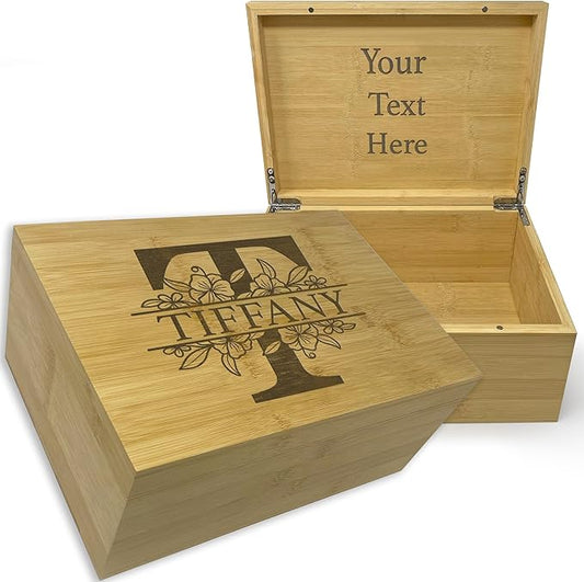 Personalized Initial Storage Box - Custom Engraved Wedding Memory Box for Keepsakes, Decorative Storage Chest, Rustic Memorabilia Box for Valentines Day, Monogrammed Wedding Gifts, 11x8x4.75 in