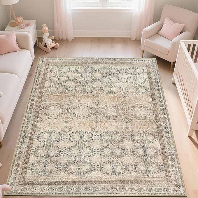 Large 8x10 Washable Area Rug for Living Room, No Shedding Vintage Floral Print Rugs Non Slip, Indoor Foldable Thin Retro Accent Carpet for Bedroom Farmhouse Dining Room Beige/Pink/Orange