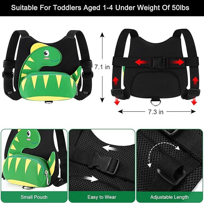Accmor Toddler Harness Leash + Anti Lost Wrist Link, Cute Dinosaur Kids Harness with Leash, Mini Child Harness Leash Wristband Tether Protector for Baby Boys Girls Age1-3 Years Old to Outdoor Travel