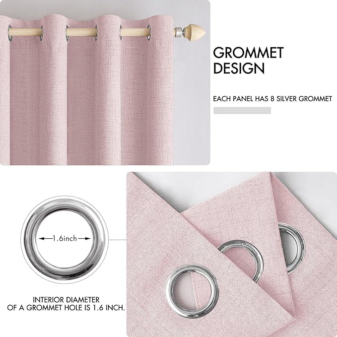 MIULEE Linen Texture Curtains for Bedroom Solid 100% Blackout Thermal Insulated Pink Curtains Grommet Room Darkening Drapes for Living Room Nursery 52x63 Inch (2 Panels)