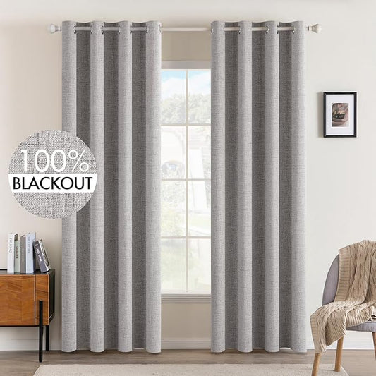 MIULEE Linen Texture 90 Inches Curtains for Bedroom 100% Blackout Thermal Insulated Greyish White Curtains Grommet Room Darkening Drapes for Living Room Nursery 52x90 Inch (2 Panels)