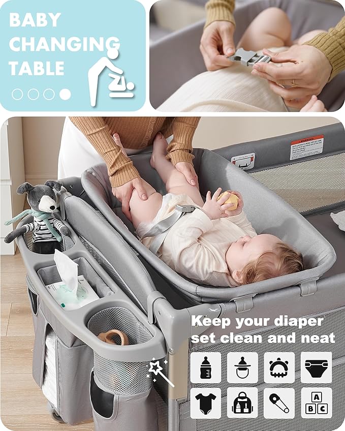AirClub 4 in 1 Baby Bassinet Bedside Sleeper, 4 Functions Crib, Playard, Portable Changing Table, Bassinet for Newborn Baby, Bedsaide Bed w/Wheels&Brakes