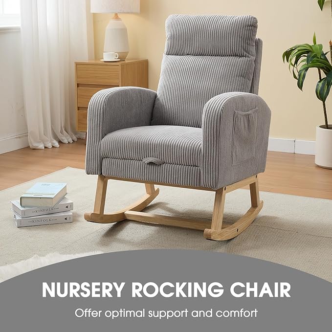 NIOIIKIT Nursery Rocking Chair, Corduroy Upholstered Rocking Chair with Adjustable Footrest, Tufted Rocker Chair with Side Pocket, Glider Rocker for Living Room, Bedroom (Gray Modern)