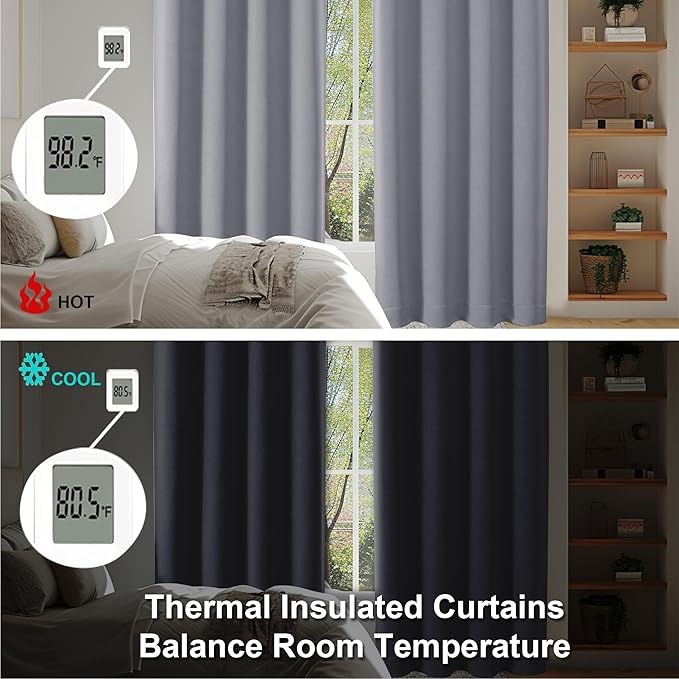 Simplebrand Ava Silver Grey Blackout Curtains for Bedroom 63 Inch Length 2 Panels, Solid Thermal Insulated Energy Saving Rod Pocket Window Treatment Curtains Blackout Drapes, W40 x L63 Inch, Silver