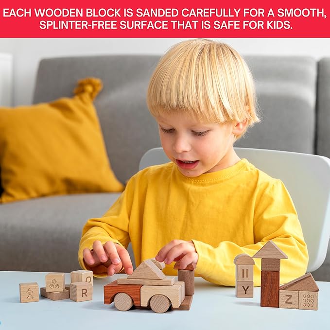 Alphabet Number Early Math Wooden Building Blocks Set - 86 Blocks in 6 Shapes with Wooden Storage Tray. Preschool Montessori Kids Toys. Stacking Learning Toys for Toddlers. Age 3 Years +