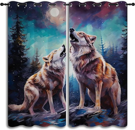 Wildlife Blackout Curtains for Boys Girl Bedroom Decor,Fantasy Starry Full Moon Wolf Howling Thermal Insulated Grommet Drapes Darkening Window Curtain for Living Room Home 84x72 inch