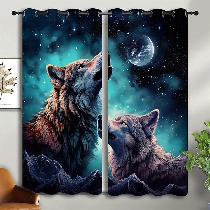 Wolf Blackout Curtains for Boys Girl Bedroom Decor,Starry Sky Howling Wolf Under The Full Moon Thermal Insulated Grommet Drapes Darkening Window Curtain for Living Room Home 42x45 inch