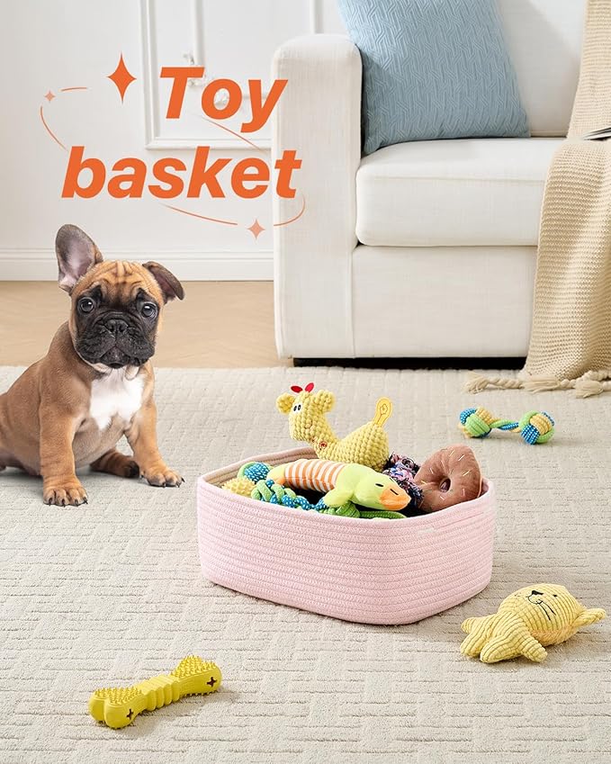 KALLAX Small Woven Basket, 13.5 x 9.5 x 5 Inches, Storage Basket for Organizing, Cute Small Rope Shelf Closet Cube Storage Bins Baskets for Shelves, Dog Toy Gift Baskets Empty, 3 Pack Light Pink