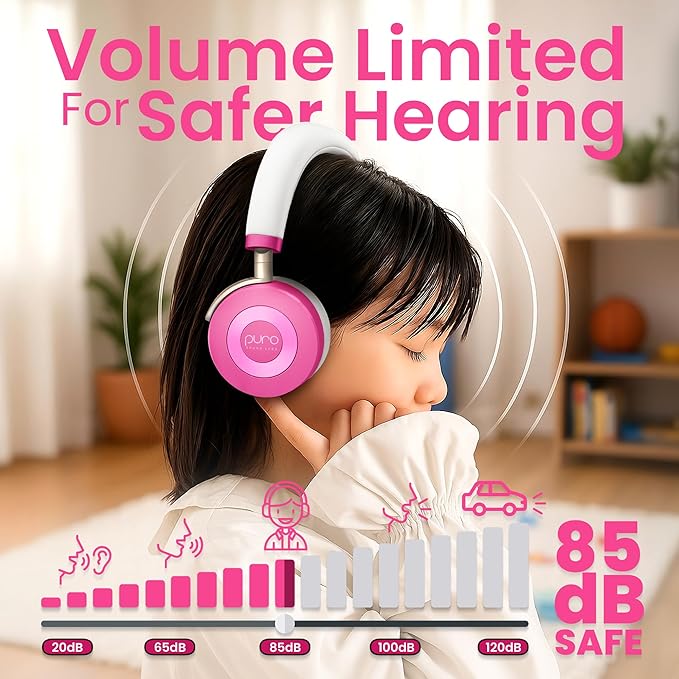 Puro Sound Labs JuniorJam Plus Volume-Limiting Wireless Bluetooth Headphones for Kids, Secure Audio with Adjustable On-Ear Design, 22-Hour Battery, Ideal for Tablets, Smartphones & PCs - Pink