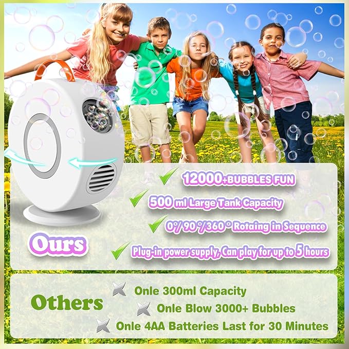 Bubble Machine for Kids Toddlers, Automatic Rechargeable Bubble Machine, 12000+ Bubbles Per Minute, Rotating 90°/360° Oscillating Electric Bubble Maker Outdoor Toys for Ages 3-5