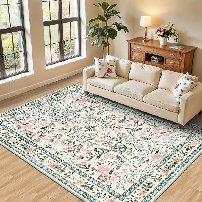 Area Rug Living Room Rugs: Floral 5x7 Washable Rug Vintage Soft Boho Non-Slip Carpet Indoor Stain Resistant Large Carpets for Bedroom Dining Room Farmhouse Nursery Hallway Home Office Green Beige