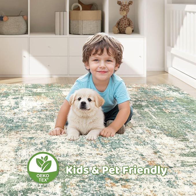 5x7 Area Rugs Living Room: Washable Large Abstract Soft Green Rug Stain Resistant Indoor Floor Non-Slip Accent Carpet for Men Modern Home Enthusiasts Aged 25-45 - Bedroom Office Playroom