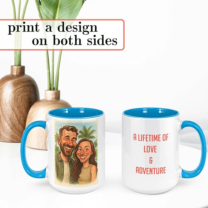 Personalized Coffee Mug, Custom Photo Caricature Gift, Funny Customized Coffee Gift for Men & Women, Custom Mugs with Pictures, Light Blue 15oz Customized Ceramic Tea Cup