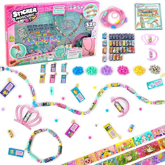 MooCubic Rolls Stickers Jewelry Making Kit, Includes 320 Mini Sticky, Builds 6 Bracelet or 2 Necklace, 200 Beads & 2 Pendants, Wearable DIY Friendship Gift for Kids Ages 5+ Girls & Boys (M1)