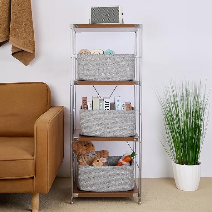 Large Storage Baskets for Shelves, Closet Organizers Bins for Clothes Blanket Towels, Baby Nursery, Toy Baskets Box, Woven Rope Baskets, 17 x 13 x 7.5”, 2 Packs Mixed Grey