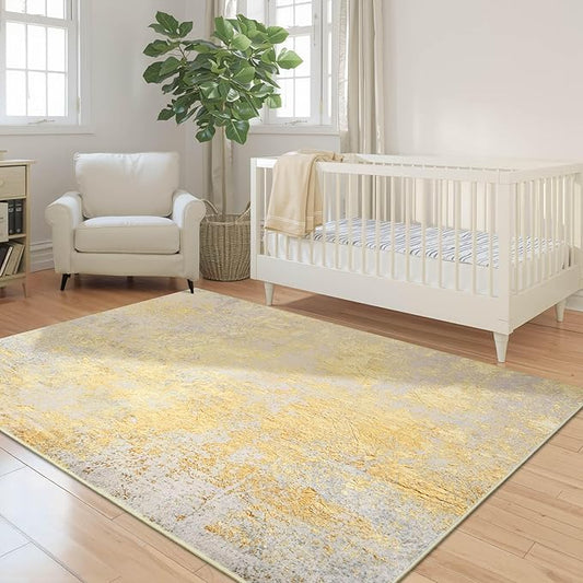 Nursery Rug for Baby Girl, 5x7 Gold Washable Rugs for Living Room Bedroom Dorm Non Slip, Stain Resistant Neutral Carpet Low Pile for Classroom, Dining Room, Kids Playroom