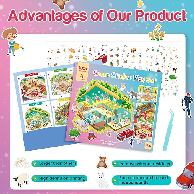 3D Sticker Scene Play Set – 4 Scenes with 300+ Stickers, Reusable Sticker Book, Waterproof Stickers for Kids & Adults