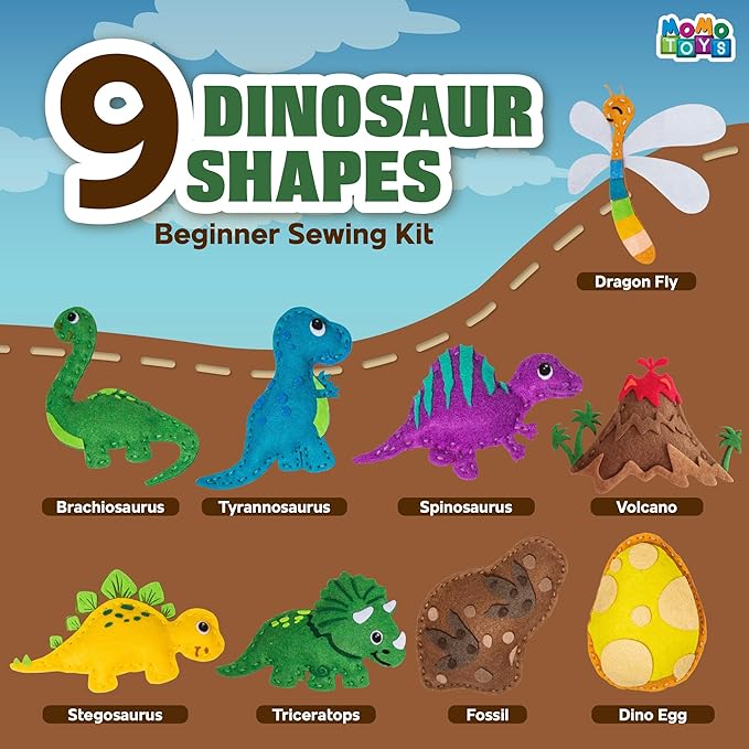 MOMOTOYS Dinosaurs World Beginner Sewing Kit for Kids Ages 7+ – Includes 9 Kids Sewing Projects w/Tools & Art Supplies – DIY Felt Crafts for Girls & Boys, Gifts for 7, 8, 9, 10, 11, 12 Year Old