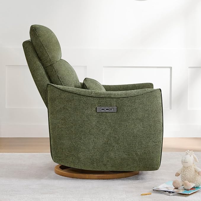 CHITA Swivel Rocker Recliner Chair, Power Nursery Glider Recliner, Nursery Rocking Chair with Adjustable Power Headrest, FSC Certified, Solid Wood Base, Moss Green