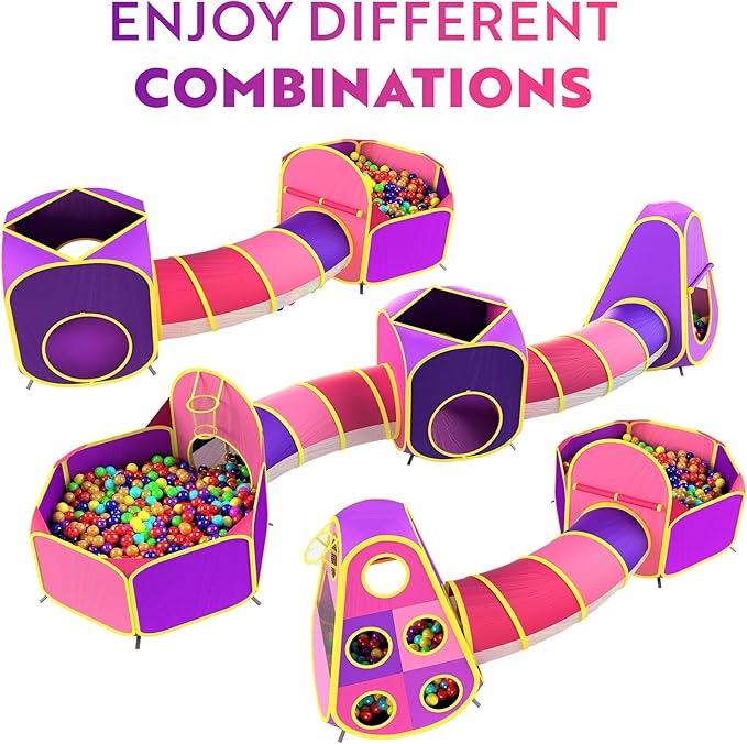 Playz 5pc Kids' Play Tents & Tunnels - Ball Pit for Toddlers, Basketball Hoop, Crawling Tubes, Pop-Up Playhouses, Baby Obstacle Course for Indoor or Outdoor Use